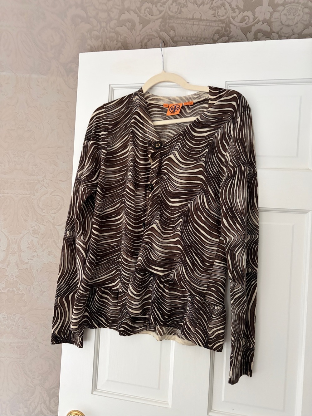 Brown & Cream Wave-Print V-Neck Long Sleeve Top cardigan sweater xl tory burch